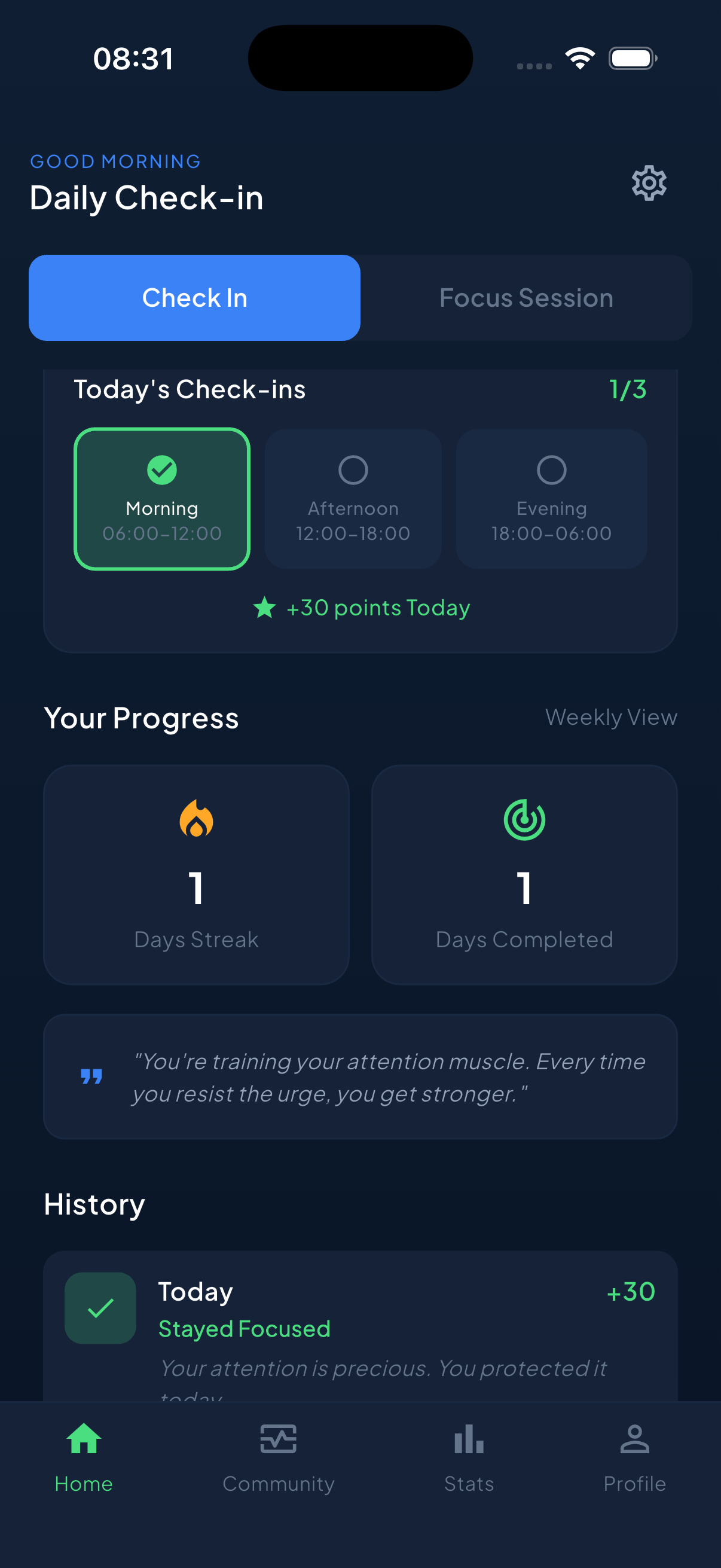 Unscrol daily check-in screen