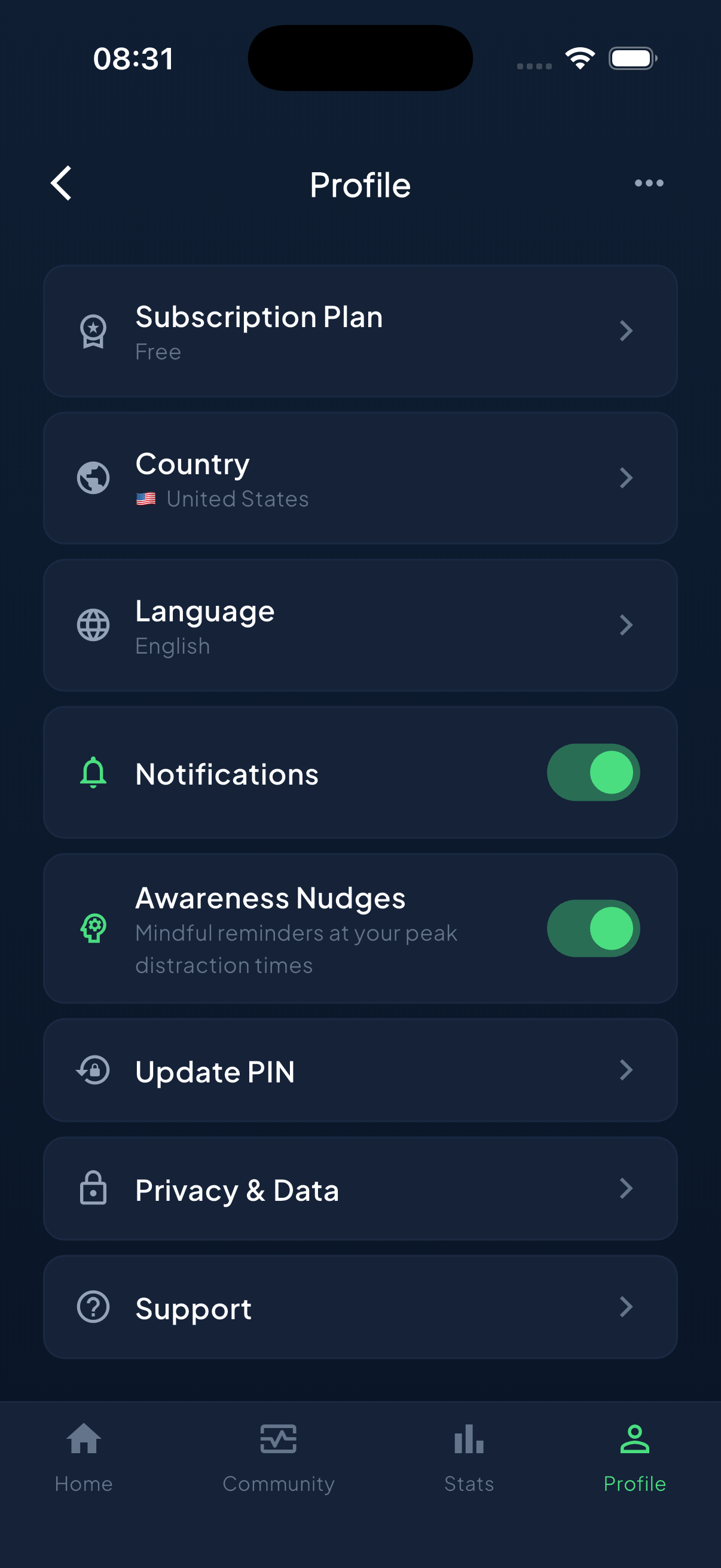 Profile with awareness nudges toggle